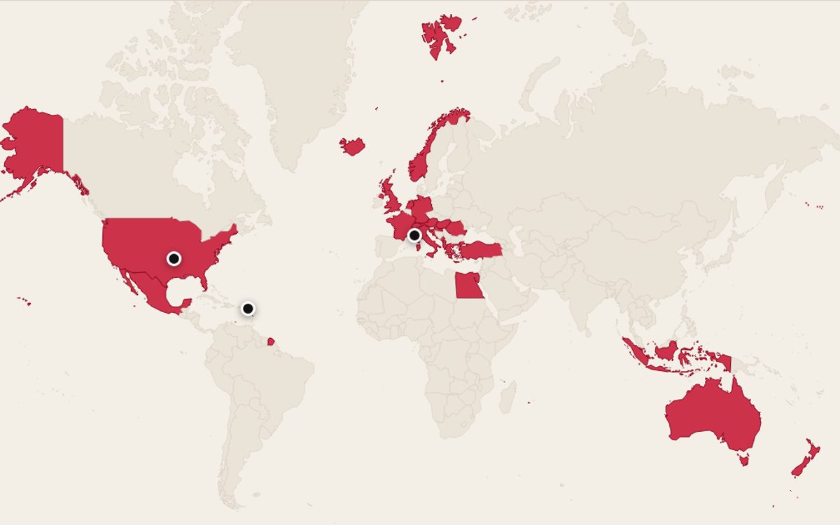 Preview of the world map with the countries Theodora has visited highlighted in red